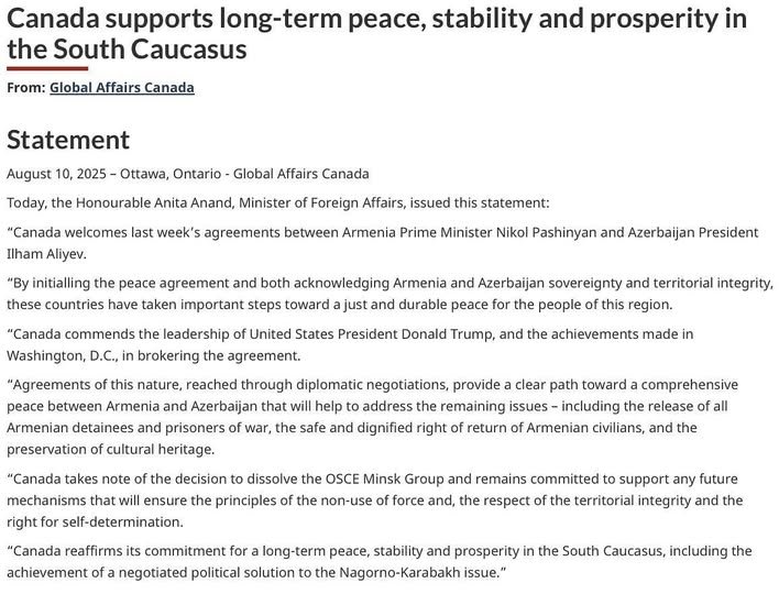 Canada calls for the release of Armenian detainees in Azerbaijan